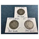 1907-D, 1911 & 1915-S Barber Silver Half Dollars