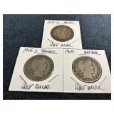 1908-D, 1909 & 1915-D Barber Silver Half Dollars