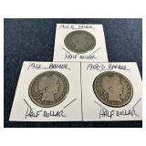 1906-D, 1908-O & 1912 Barber Silver Half Dollars