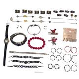 Large lot of nice costume jewelry to include large cuff style bracelet with amethyst look stones, black / onyx look beaded bracelets, earrings, 