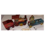 VINTAGE PULL TOYS: WOODEN TRAIN (PULL HANDLE BROKEN), APPROX. 15.5" LONG, WITH BELL; METAL-AND-WOOD CAT WITH GONG, APPROX. 11.5" LONG; LIGHT DAMAGE