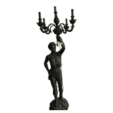 VINTAGE HEAVY METAL ARCHITECTURAL-STYLE FIGURAL LAMP WITH BRONZE-TYPE FINISH, APPROX. 63" TALL; TURBANED MALE FIGURE HOLDING 5-LIGHT “TORCH”