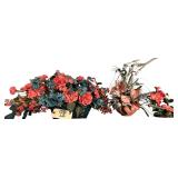 BISQUE HUMMINGBIRD FIGURE, MAUVE PLANTER, AND WOVEN BASKET W/ 2 ARTIFICIAL FLORAL ARRANGEMENTS