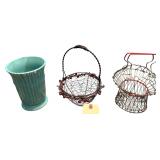 ART DECO MADE IN USA VASE, VINTAGE HANDLED WIRE BASKET, VINTAGE WIRE EGG BASKET