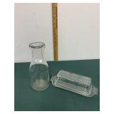 Glass Butter Dish and Milk Bottle Lot Glass Butter Dish and Milk Bottle Lot