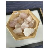 Raw Rose Quartz Crystal Lot w/wooden bowl