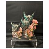 3 Rustic Hand Carved Wooden Roosters-1 Flawed