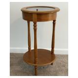 ROUND WOOD ACCENT TABLE W DISPLAY CASE TOP