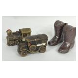VINTAGE TRAIN CAR & BOOTS SALT & PEPPER SHAKERS