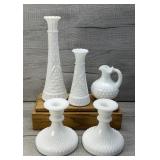 MILK GLASS DECOR VASES CANDLE HOLDERS PITCHER