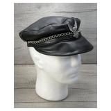 BLACK LEATHER FLAT TOP BIKER CAP W CHAIN & HD PIN