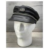 LEATHER FLAT TOP BIKER CAP W CHAIN & HD PIN