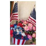 METAL BUCKET W RED WHITE & BLUE FLOWERS & DECOR