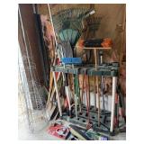 LAWN & GARDEN TOOLS W ORGANIZER & TOMATO CAGES