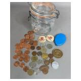 JAR WITH COINS NOVELTY TOKENS BASS COLLECTORS