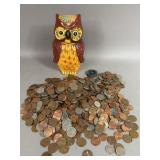 VINTAGE OWL BANK W US COINS