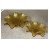 VINTAGE AMBER GLASS BOWLS W RUFFLED EDGE