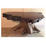 LIVE EDGE WOOD COFFEE TABLE W STUMP BASE & CASTERS