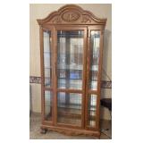 VINTAGE OAK CURIO CABINET W LIGHTS & GLASS SHELVES