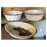 3 LG ENAMEL BOWLS W VINTAGE KITCHEN GADGETS