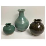Three Vintage Green NC Jugtown Vases