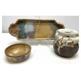 Stone Crow Pottery Tray, Signed Bowl, Vase