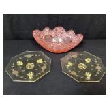 Pink Depression Glass Bowl, Yellow Glass Plates