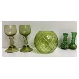 Two Roemer Wine Glasses, Cut Glass Bowl, Vases