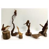 Five Wood Carved Birds and Bird Whistle