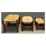 Set of Three Wood Stools with Woven Seats