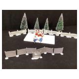 Cast Enamel Picket Fence, Chain Link Fence, Trees