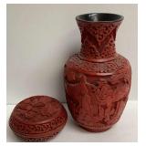 Chinese Cinnabar Vase and Trinket Box