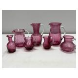 Seven Beautiful Cranberry Pitchers,Applied Handles