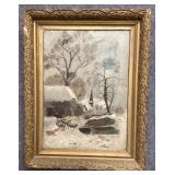 Antique Oil on Canvas Snow Landscape
