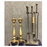 Vintage Brass Andirons and Fireplace Tools