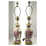 Two Floral Table Lamps on Brass Stands