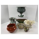 Six Pottery Pieces and Metal Urn