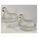 Two Clear Glass Hens on Nests