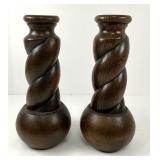 Two Wood Handcrafted Barley Twist Candle Holders