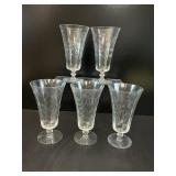 Set of Five Vintage Crystal Etched Glasses