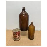 Two Vintage Glass Bottles and Thrift Motor Oil