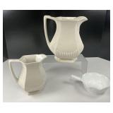 Two Ironstone Pitchers and Milk Glass Nappy