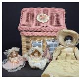 Wicker House Basket With Porcelain Dolls