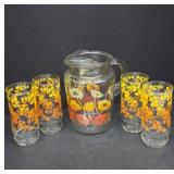 Glass Pitcher and Glassware With Floral Design