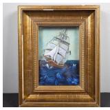 Framed Painted Glass Ship Artwork