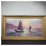 Framed Sailboat Harbor Scene Painting