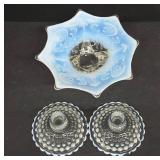 Blue Glass Dish and Clear Candle Holders