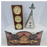 Metal Tin, Wood Barometer, and Birdhouse
