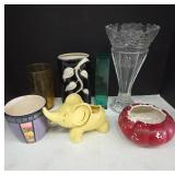 Crystal Vase and Ceramic Planter Pieces