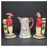 Handpainted Ceramic Figures and Floral Pitcher